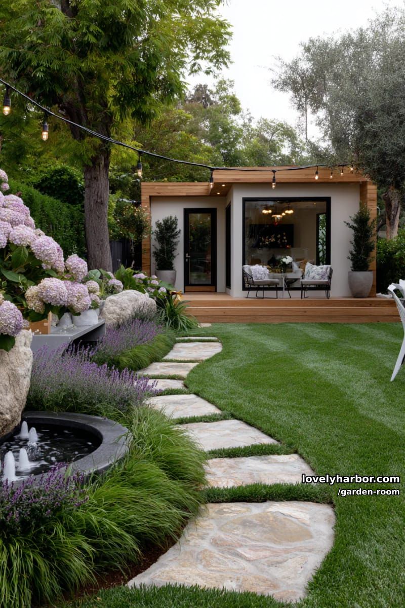 manicured backyard garden with pathway to modern wood garden room. 1