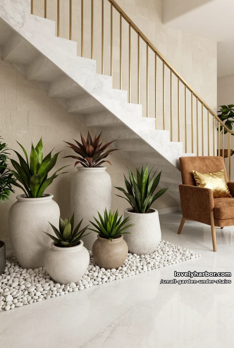 marble staircase, gold railing, large ceramic planters, and geometric feature wall. 1