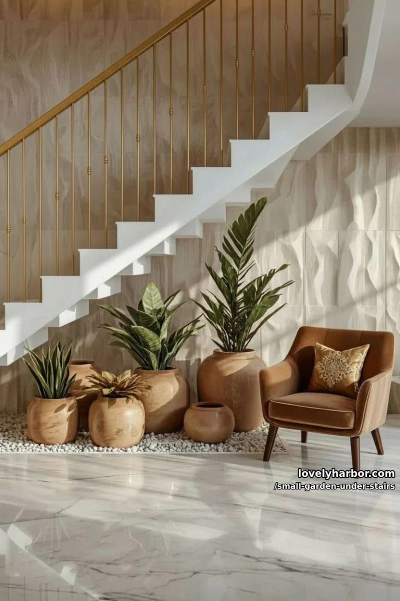 marble staircase, gold railing, large ceramic planters, and geometric feature wall. 1