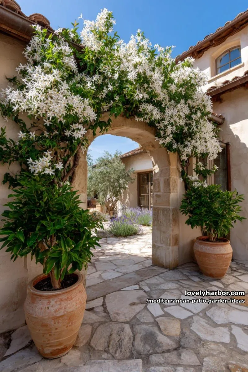 15 Mediterranean Patio Garden Ideas For A Dreamy Modern Homes 43 mediterranean archway covered in climbing jasmine and potted bay laurel 1