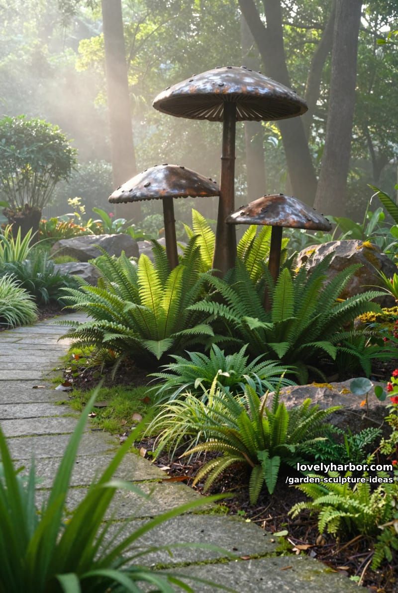 metal mushroom sculptures clustered among ferns and moss in misty garden. 1