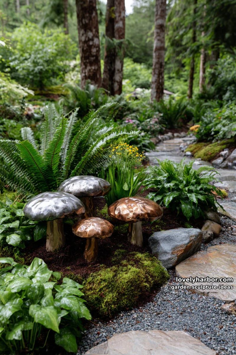metal mushroom sculptures clustered among ferns and moss in misty garden. 1