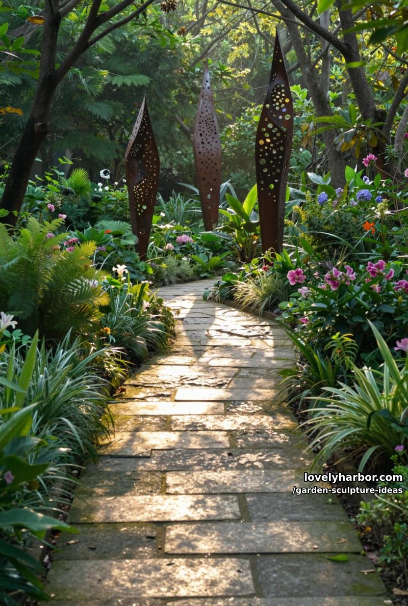 metal organic-patterned sculptures casting shadows along a lush garden pathway. 1