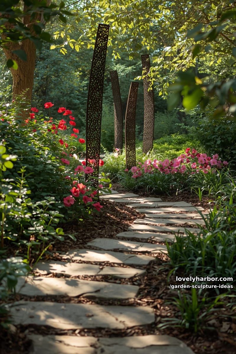 metal organic-patterned sculptures casting shadows along a lush garden pathway. 1