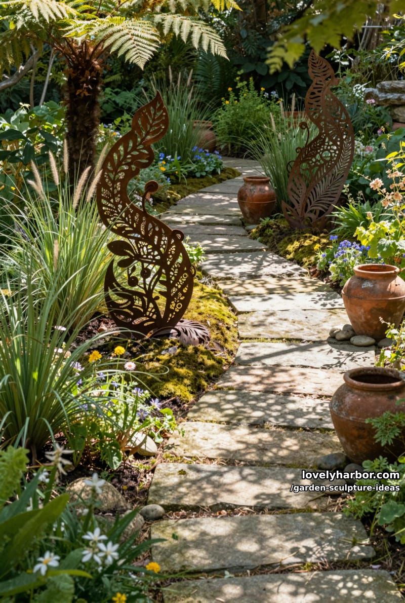 metal organic-patterned sculptures casting shadows along a lush garden pathway. 1