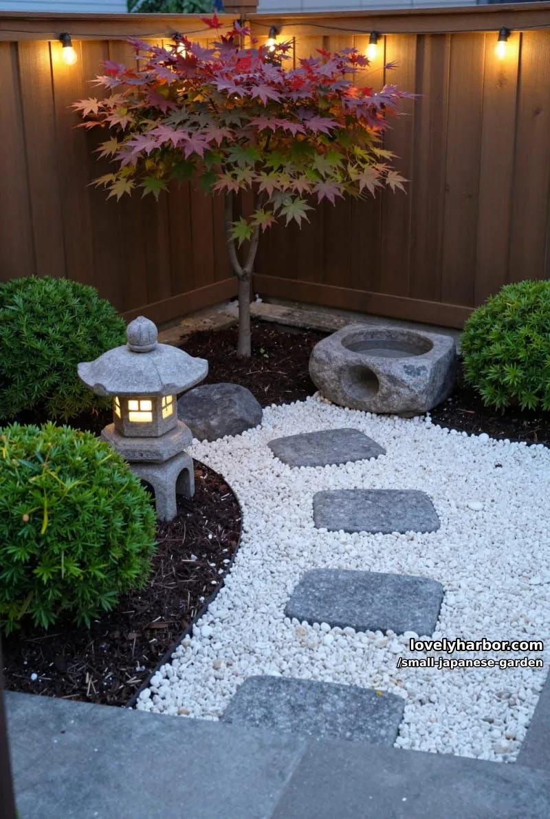 20 Small Japanese Garden Designs That Feel Like A Zen Retreat 17 mini japanese garden corner with maple, lantern, water basin, and string lights 1
