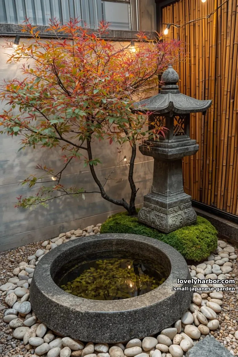 20 Small Japanese Garden Designs That Feel Like A Zen Retreat 18 mini japanese garden corner with maple, lantern, water basin, and string lights 1