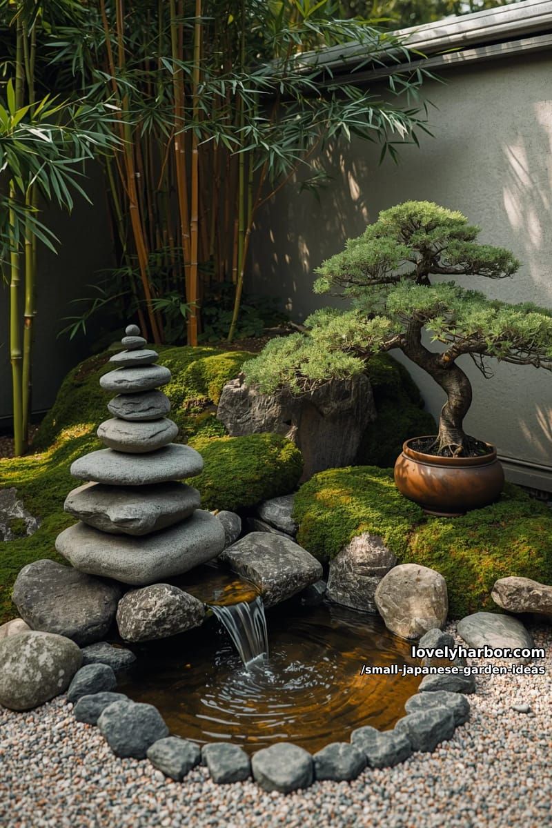 mini japanese garden with stacked stones, moss, bamboo, bonsai, and water features. 1