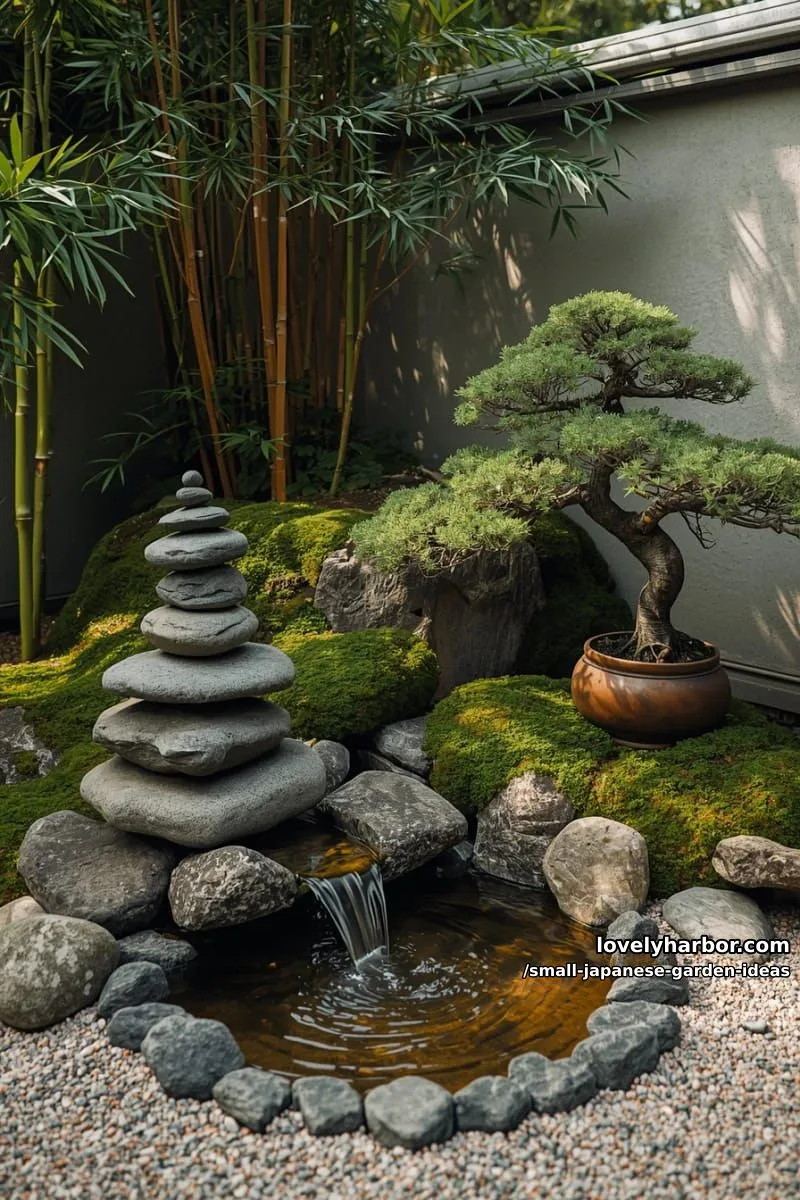 mini japanese garden with stacked stones, moss, bamboo, bonsai, and water features. 1
