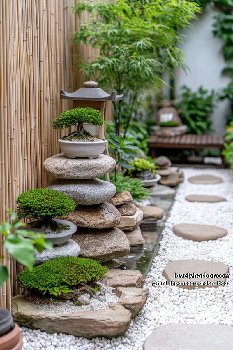 mini japanese garden with stacked stones, moss, bamboo, bonsai, and water features. 1