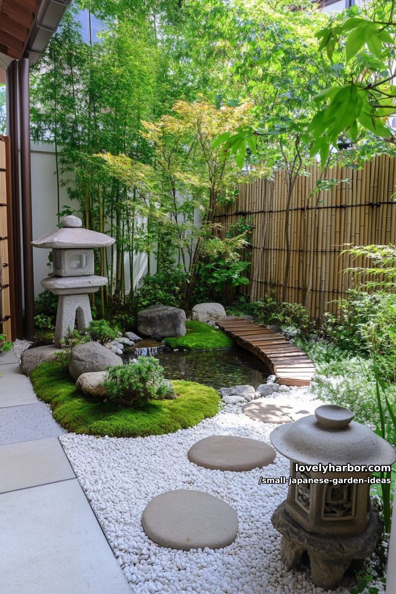 mini japanese garden with stacked stones, moss, bamboo, bonsai, and water features. 1