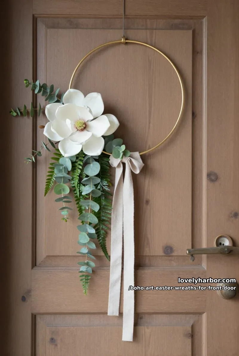 15 Boho Art Easter Wreaths for an Inviting Front Door 20 minimalist asymmetrical hoop with a single large magnolia and trailing greenery 1