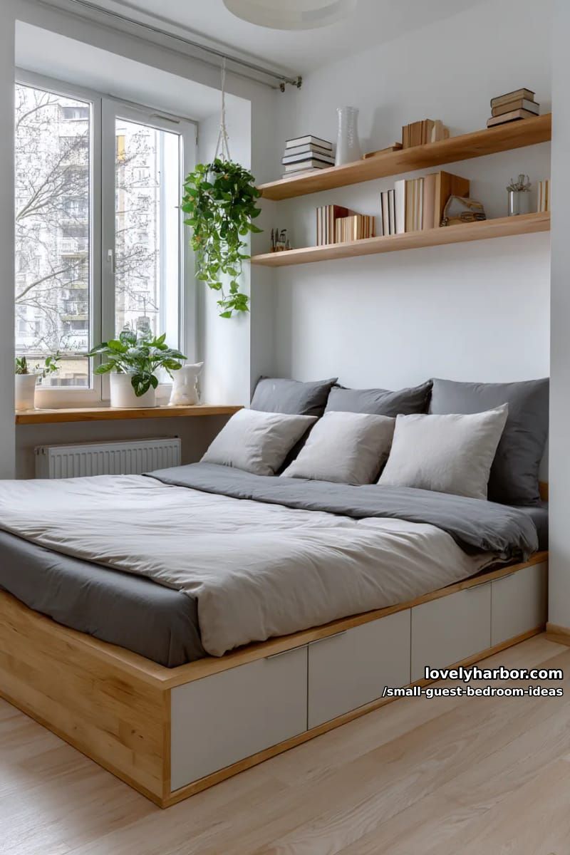 minimalist bedroom with bed drawers, open shelves, and hanging plant. 1
