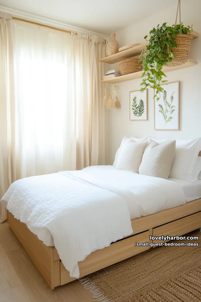 minimalist bedroom with bed drawers, open shelves, and hanging plant. 1