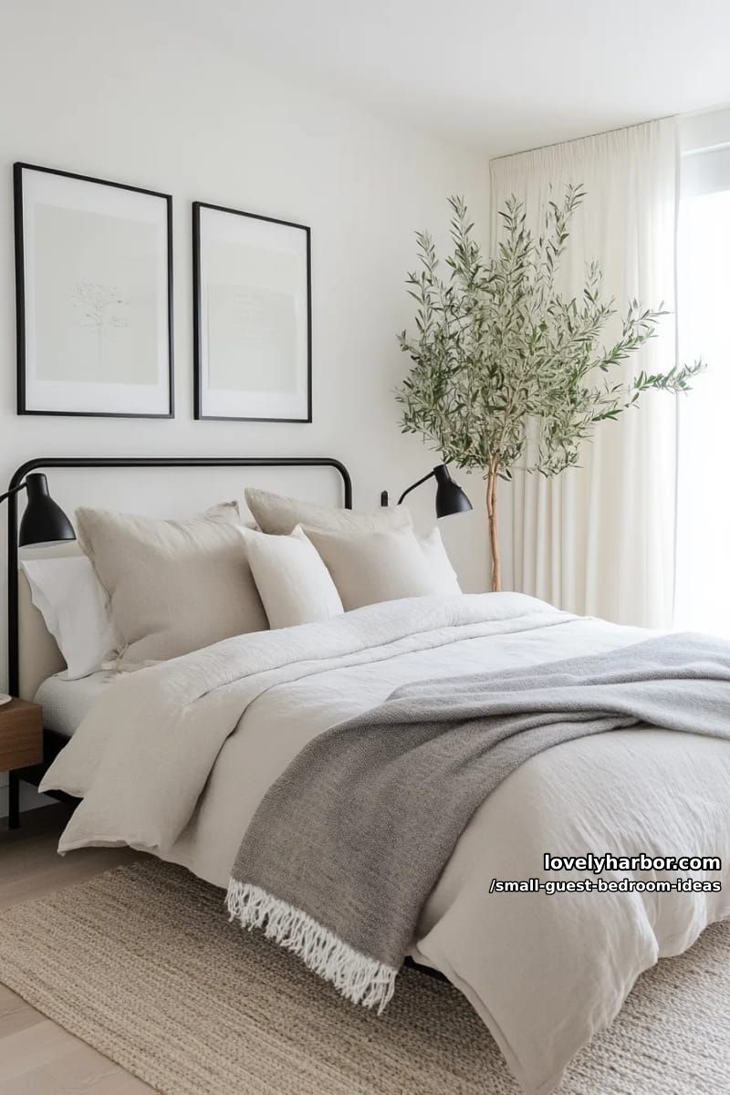 minimalist bedroom with black bed frame, grey decor, and faux olive tree. 1