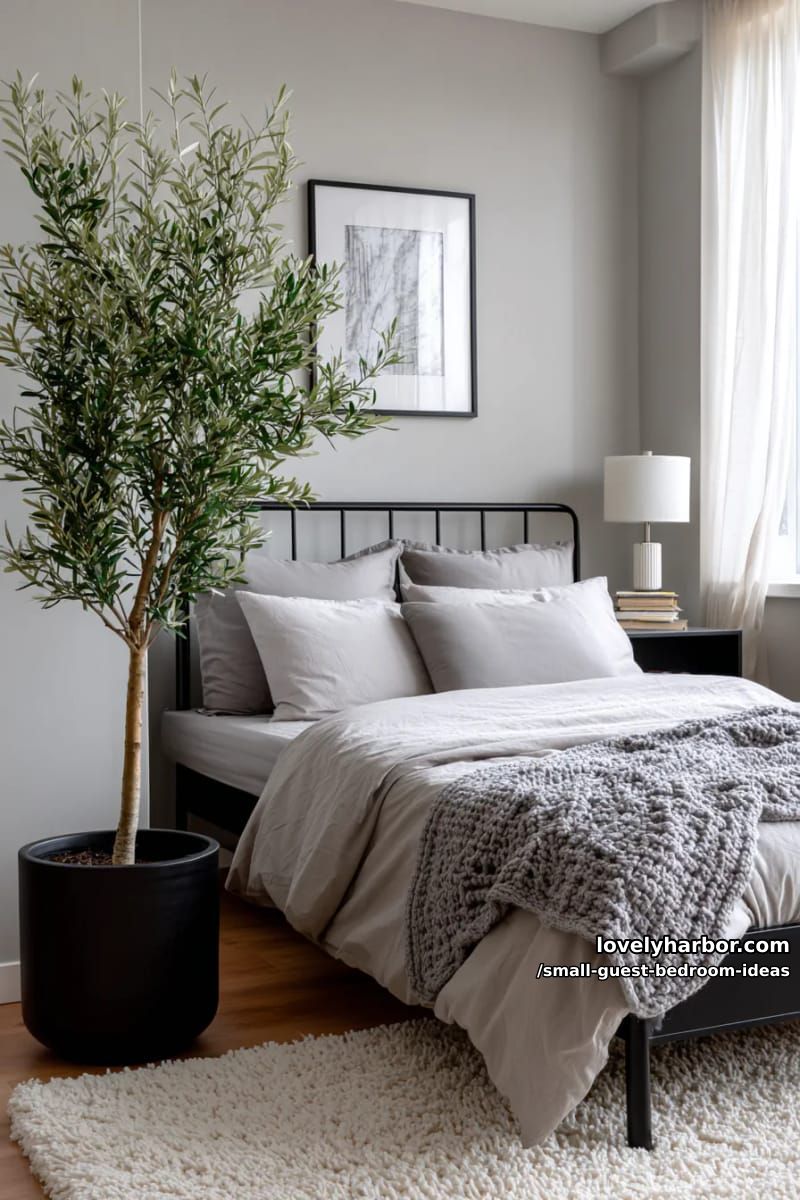 minimalist bedroom with black bed frame, grey decor, and faux olive tree. 1