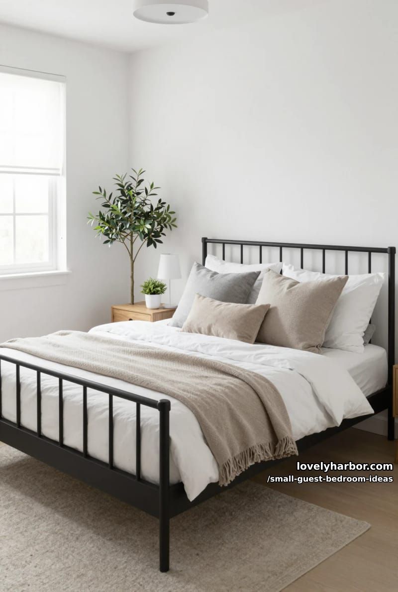 minimalist bedroom with black bed frame, grey decor, and faux olive tree. 1