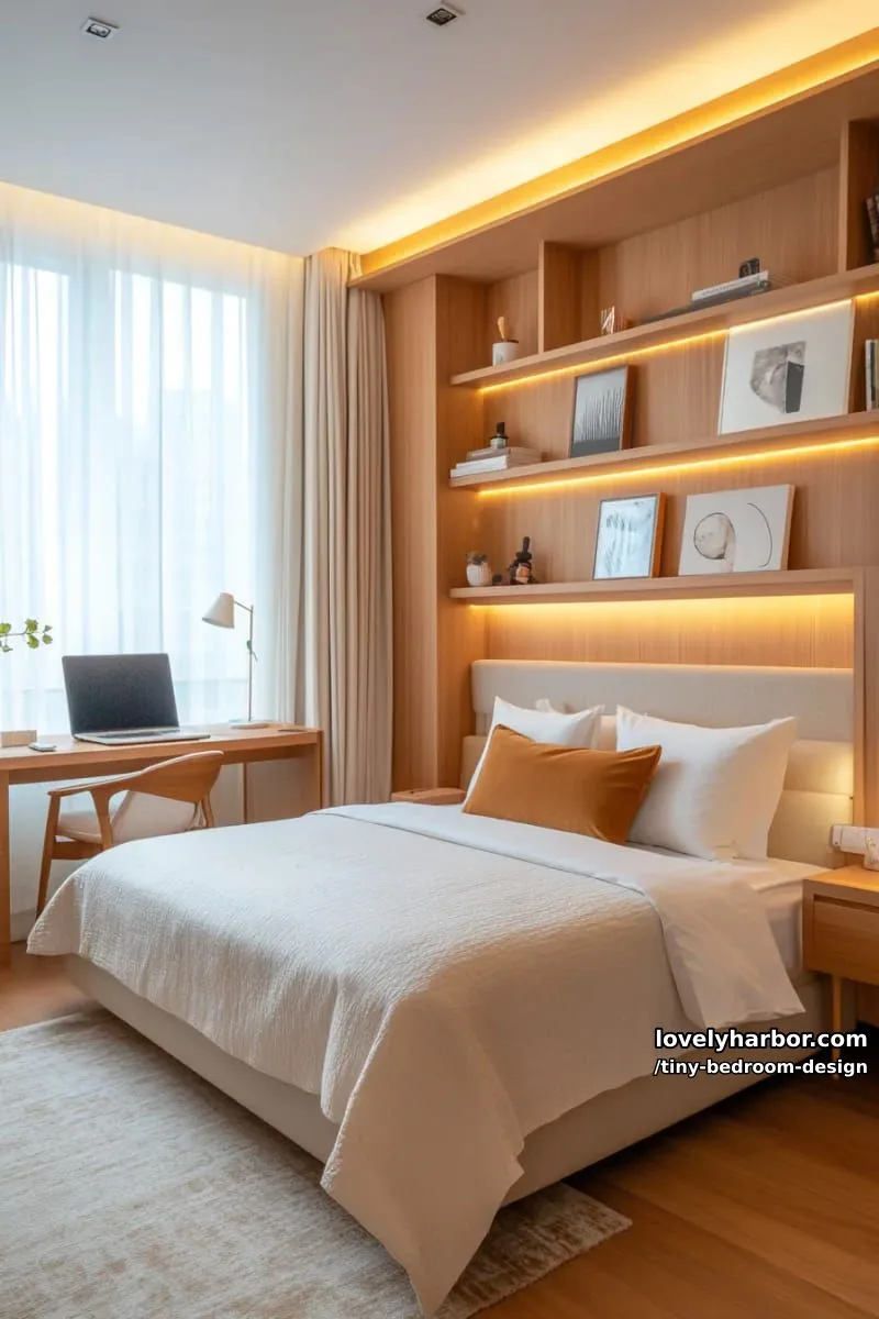 minimalist bedroom with warm led lighting and built-in wood shelves. 1