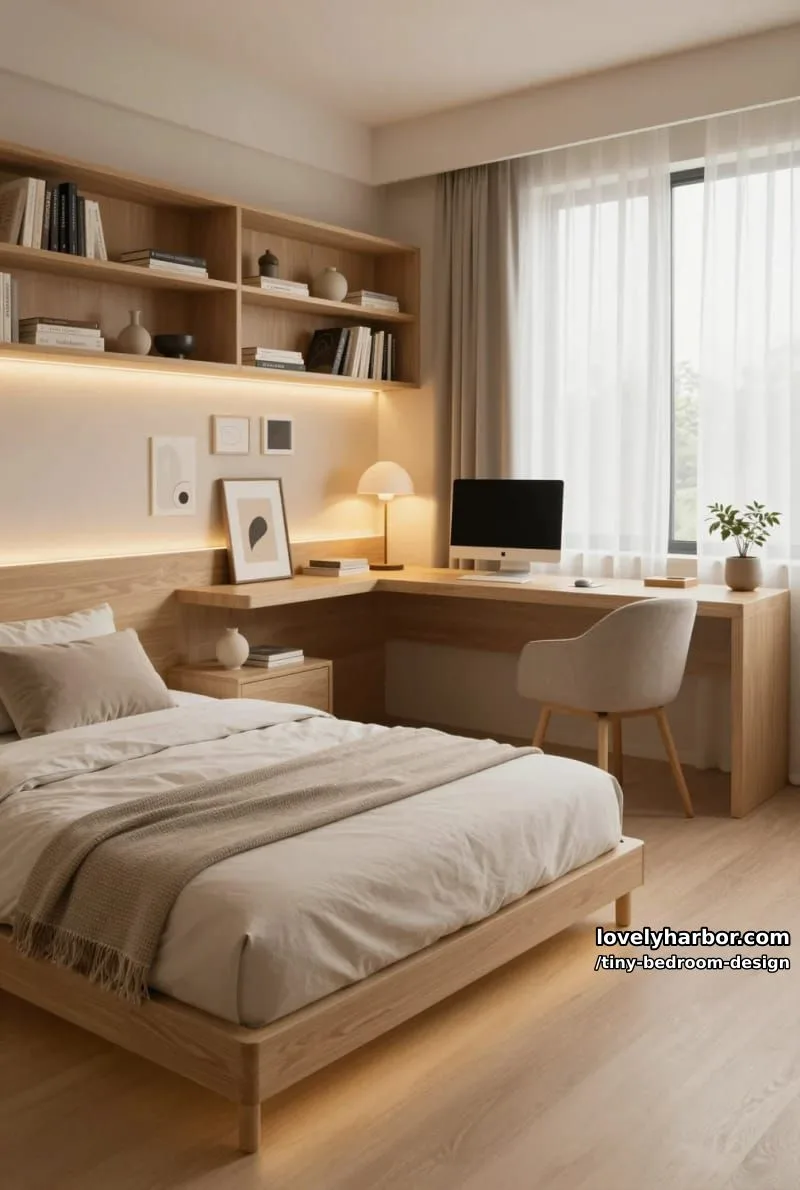 minimalist bedroom with warm led lighting and built-in wood shelves. 1