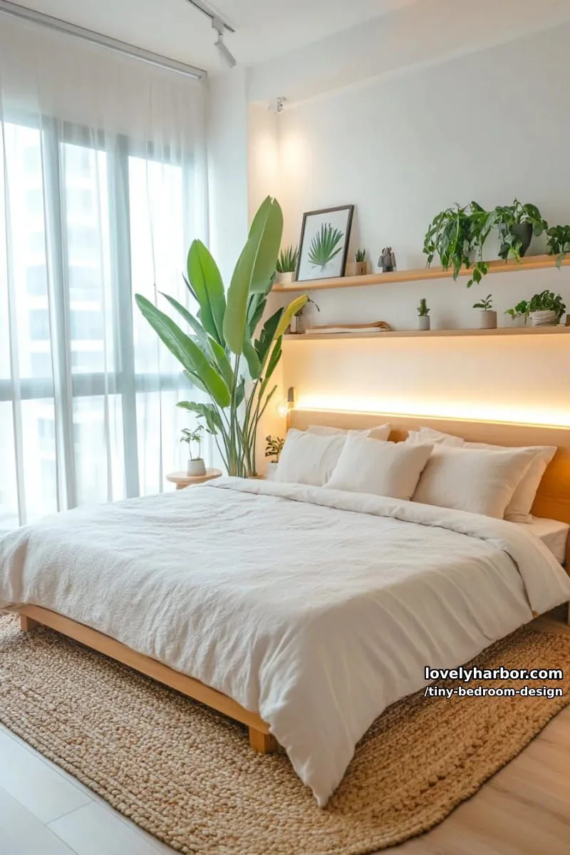 minimalist bedroom with warm led lighting and built-in wood shelves. 1