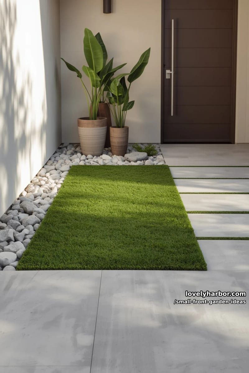 minimalist front yard with artificial grass, river rocks, and potted plants. 1