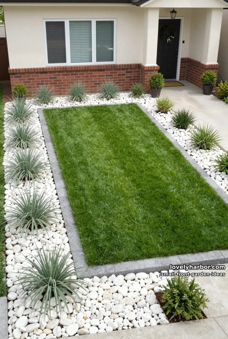 minimalist front yard with artificial grass, river rocks, and potted plants. 1