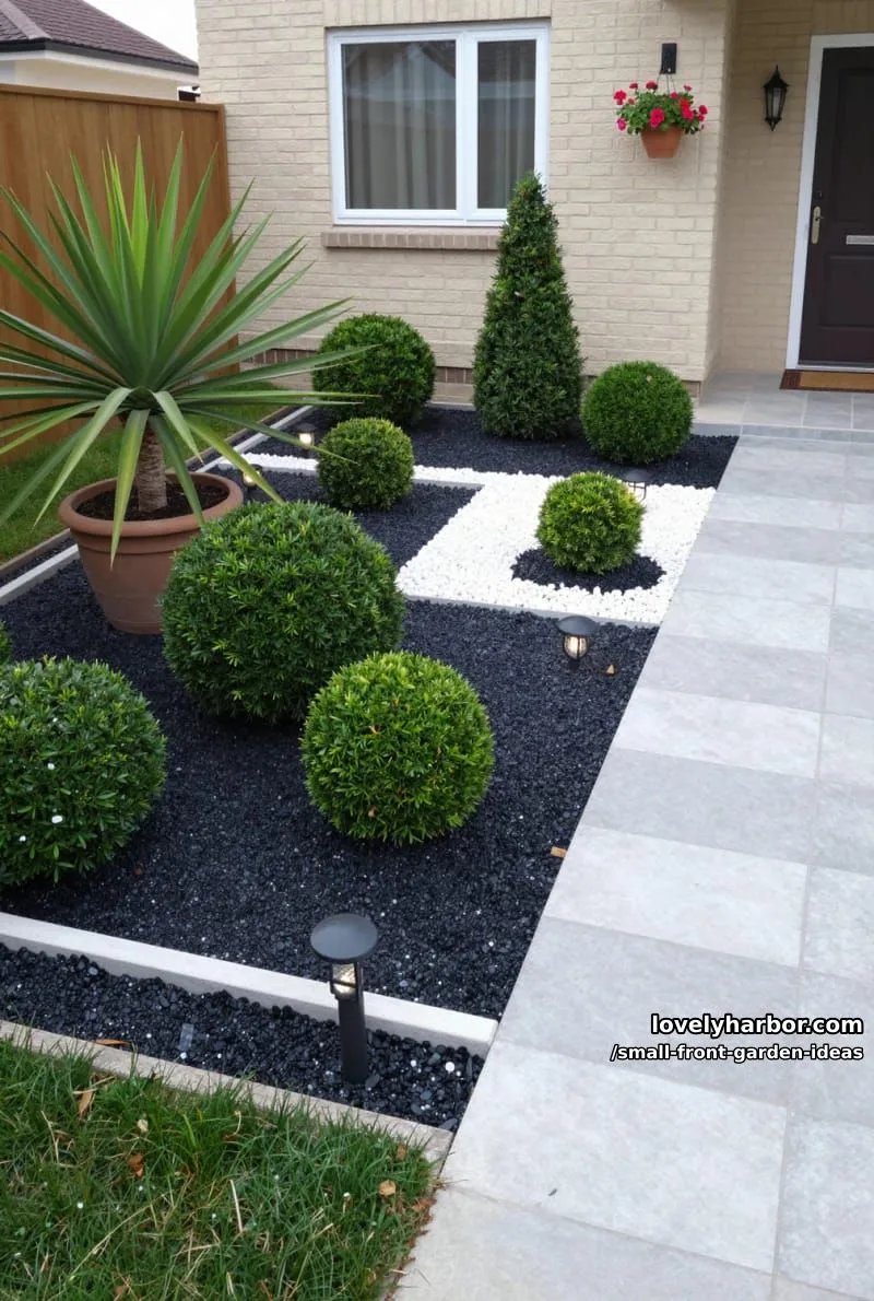 minimalist garden with black gravel, topiary bushes, and stone walkway. 1
