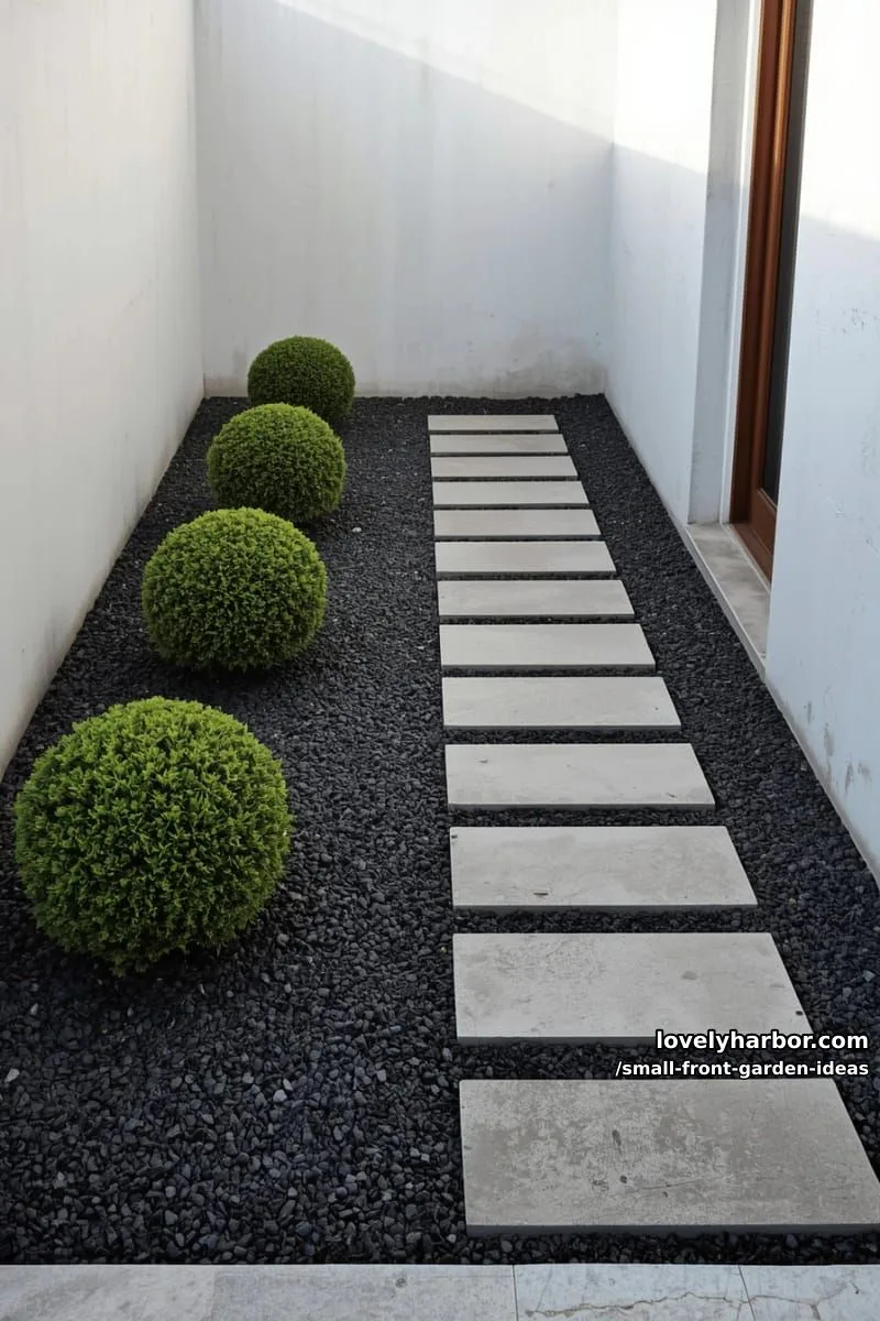 minimalist garden with black gravel, topiary bushes, and stone walkway. 1