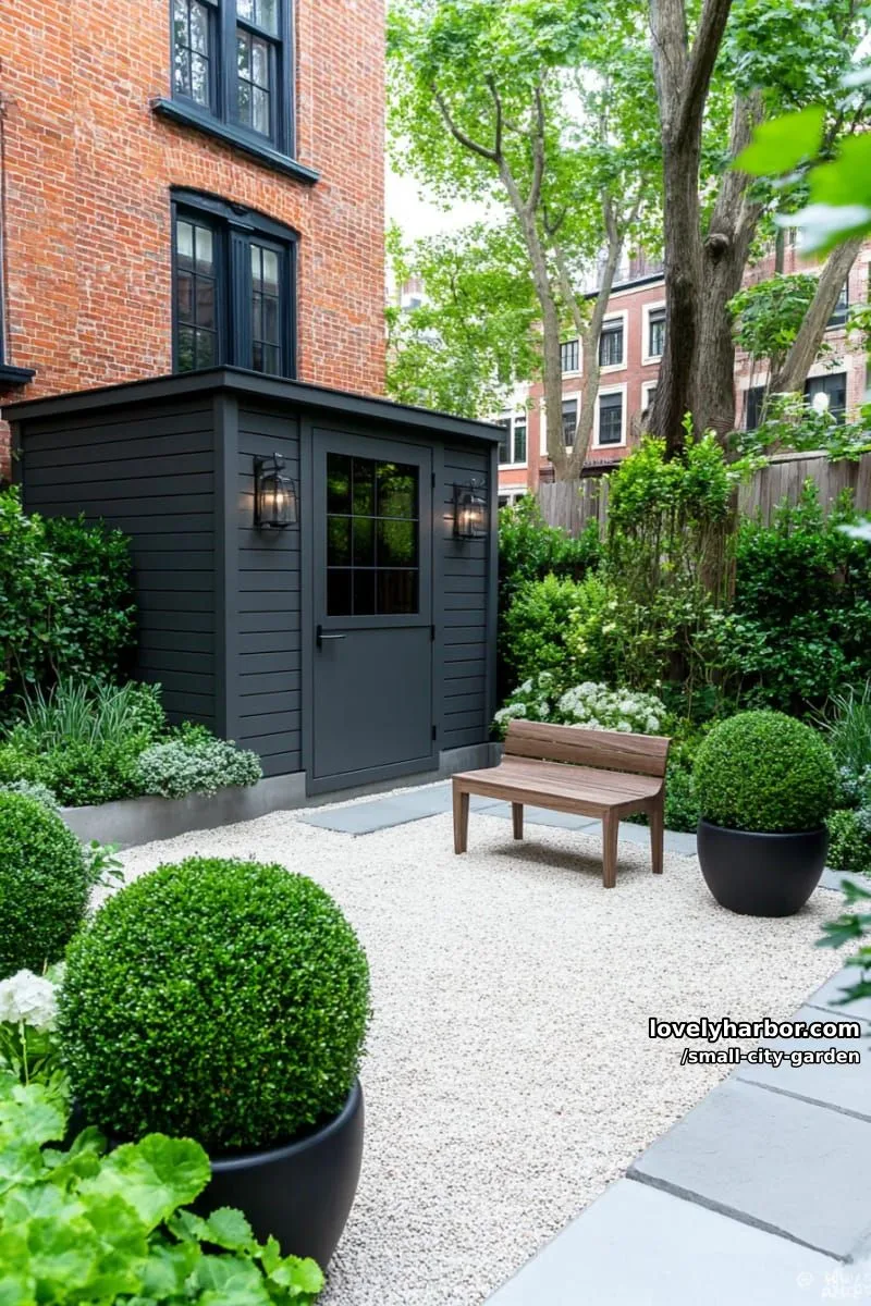 20 Small City Garden To Transform Your Space 37 minimalist garden with gray shed, wooden bench, boxwoods, and ornamental grasses. 1