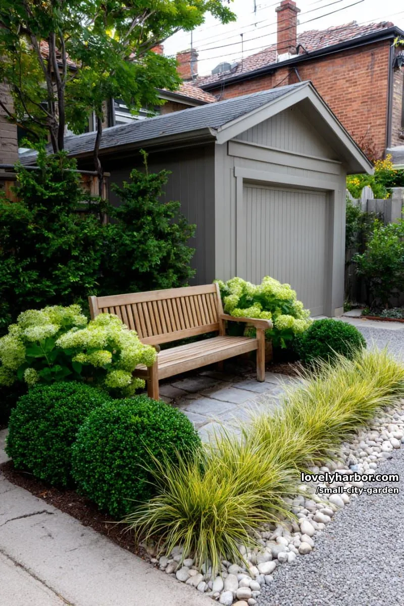 20 Small City Garden To Transform Your Space 38 minimalist garden with gray shed, wooden bench, boxwoods, and ornamental grasses. 1