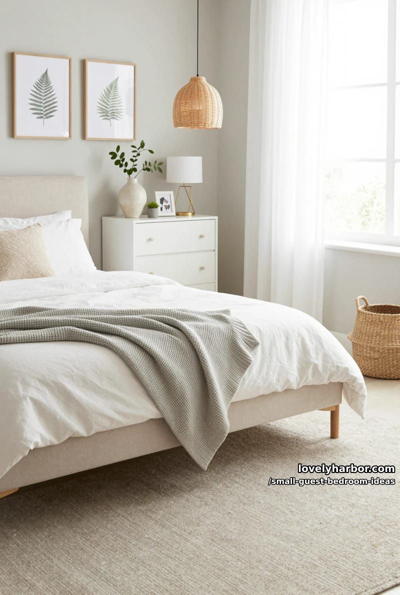 minimalist neutral bedroom with padded bed, dresser, and botanical artwork. 1