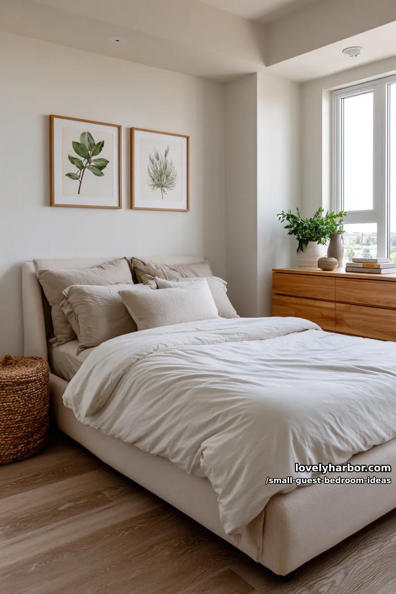 minimalist neutral bedroom with padded bed, dresser, and botanical artwork. 1