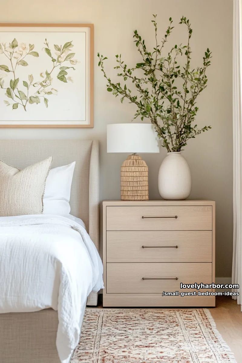minimalist neutral bedroom with padded bed, dresser, and botanical artwork. 1