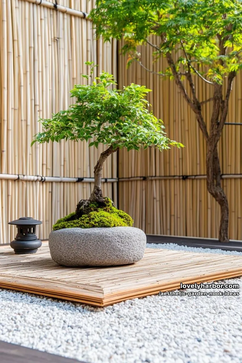 15 Aesthetic Garden Nook Ideas to Inspire Your Outdoor Escape 44 minimalist nook with bamboo screens, zen stones, and a single bonsai 1