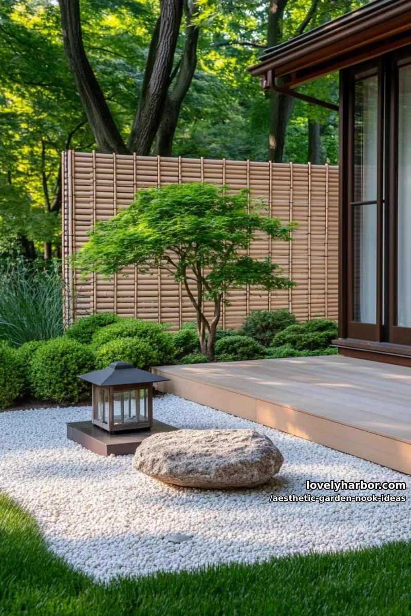 15 Aesthetic Garden Nook Ideas to Inspire Your Outdoor Escape 45 minimalist nook with bamboo screens, zen stones, and a single bonsai 1