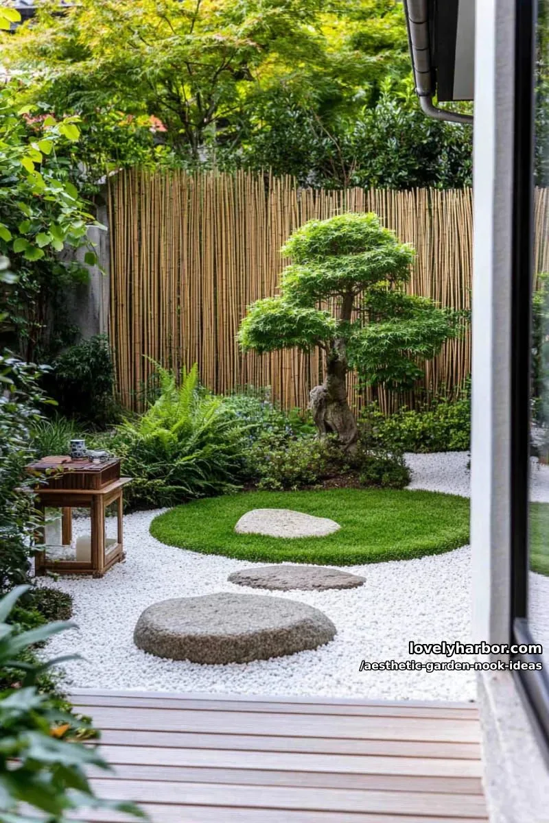 15 Aesthetic Garden Nook Ideas to Inspire Your Outdoor Escape 46 minimalist nook with bamboo screens, zen stones, and a single bonsai 1