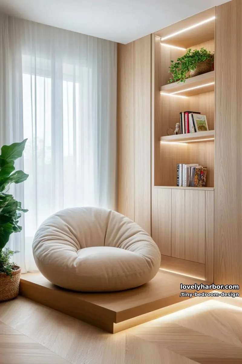 minimalist nook with rounded armchair, led step lighting, and chevron flooring. 1