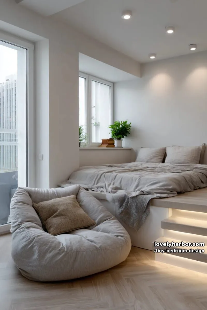 minimalist nook with rounded armchair, led step lighting, and chevron flooring. 1