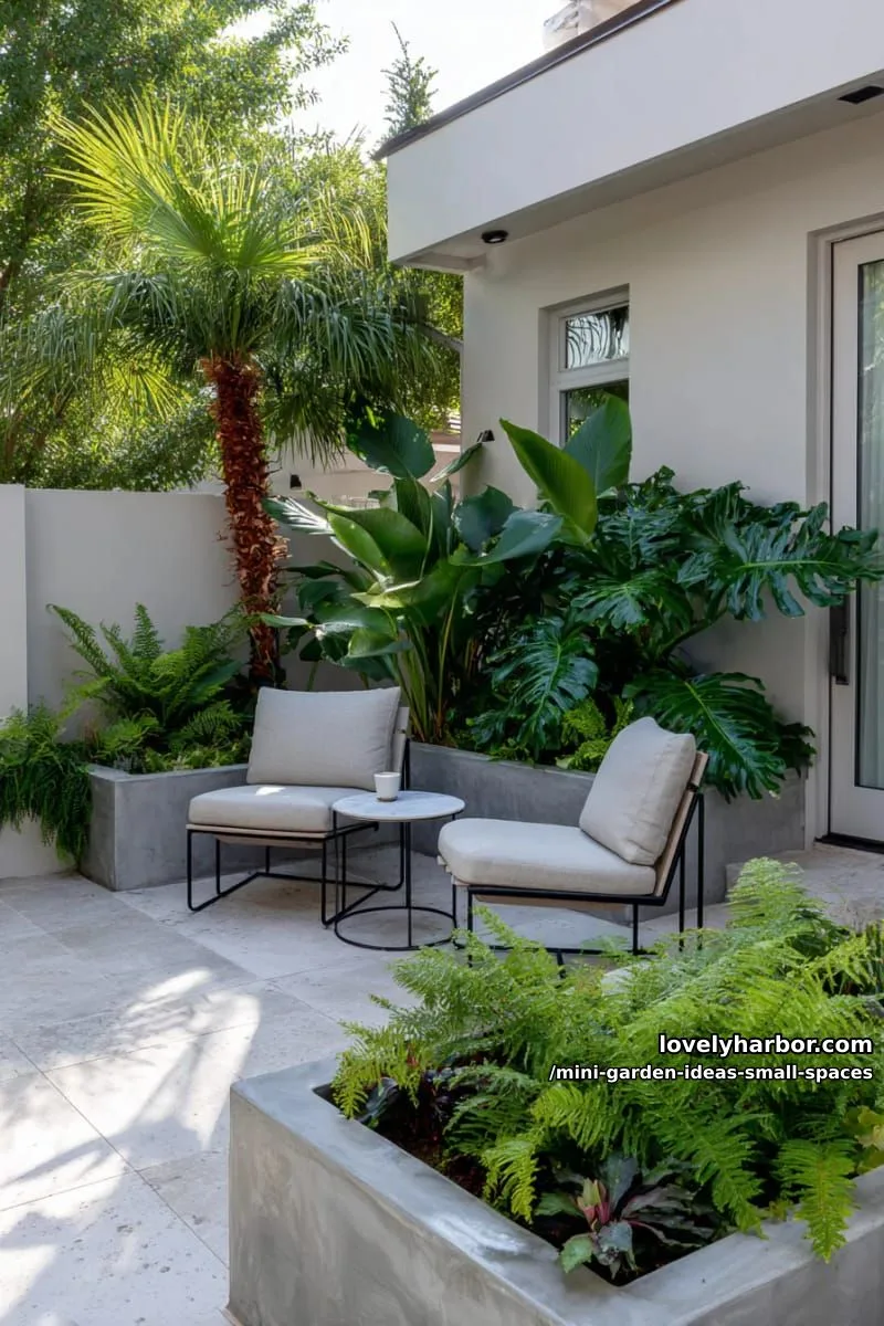 20 Mini Garden Ideas For Small Spaces 10 minimalist patio with white walls, modern chairs, and tropical plants. 1