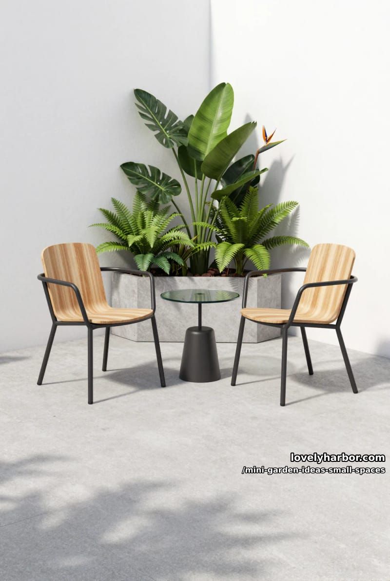 minimalist patio with white walls, modern chairs, and tropical plants. 1