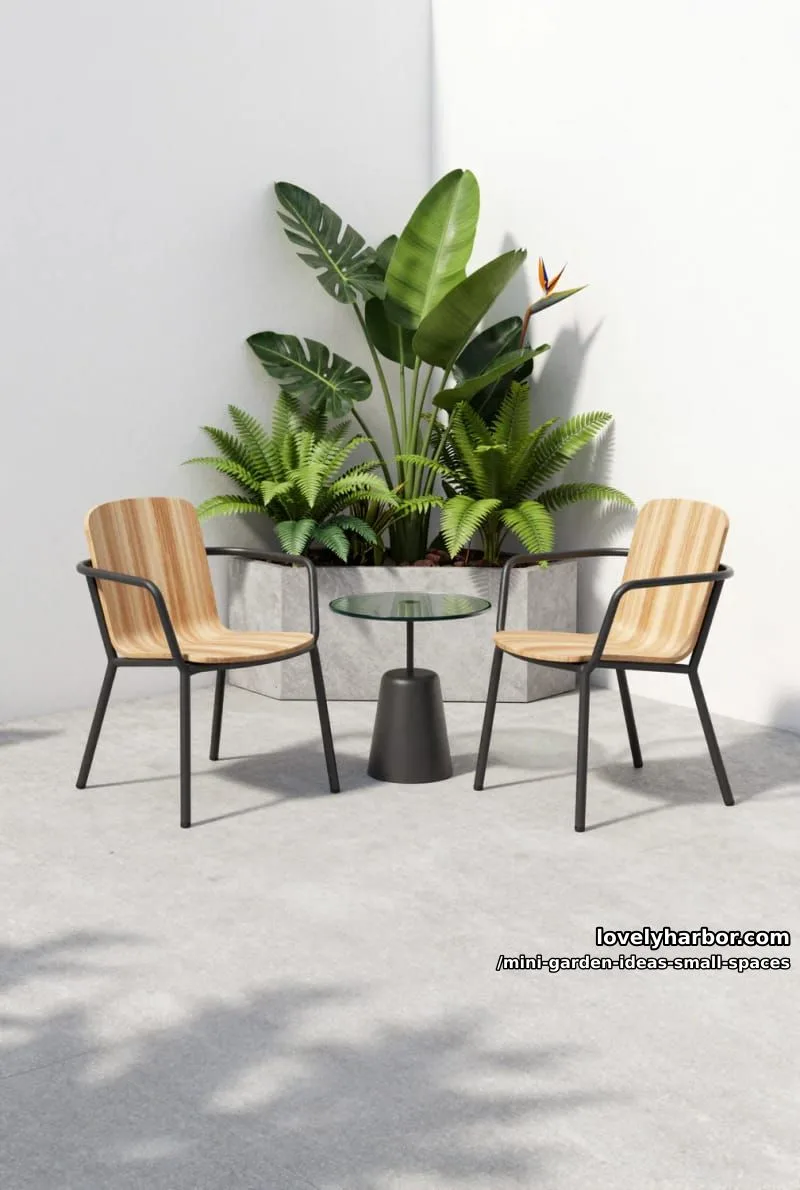 20 Mini Garden Ideas For Small Spaces 9 minimalist patio with white walls, modern chairs, and tropical plants. 1