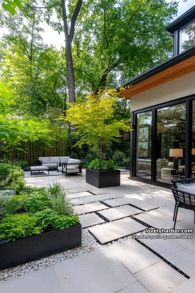 15 Dreamy Shaded Patio Garden Ideas to Inspire Your Backyard 26 minimalist pebble patio with geometric pavers and sculptural shade-loving shrubs 1