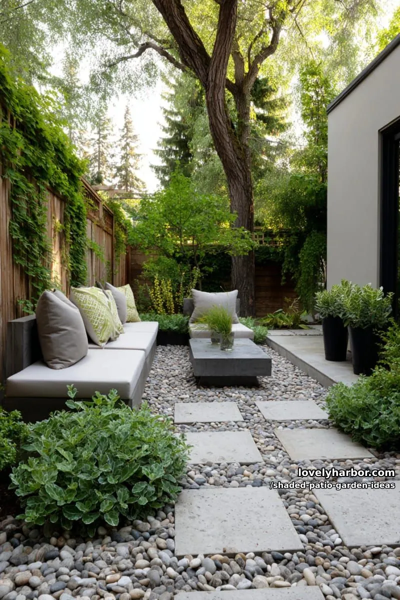 15 Dreamy Shaded Patio Garden Ideas to Inspire Your Backyard 27 minimalist pebble patio with geometric pavers and sculptural shade-loving shrubs 1