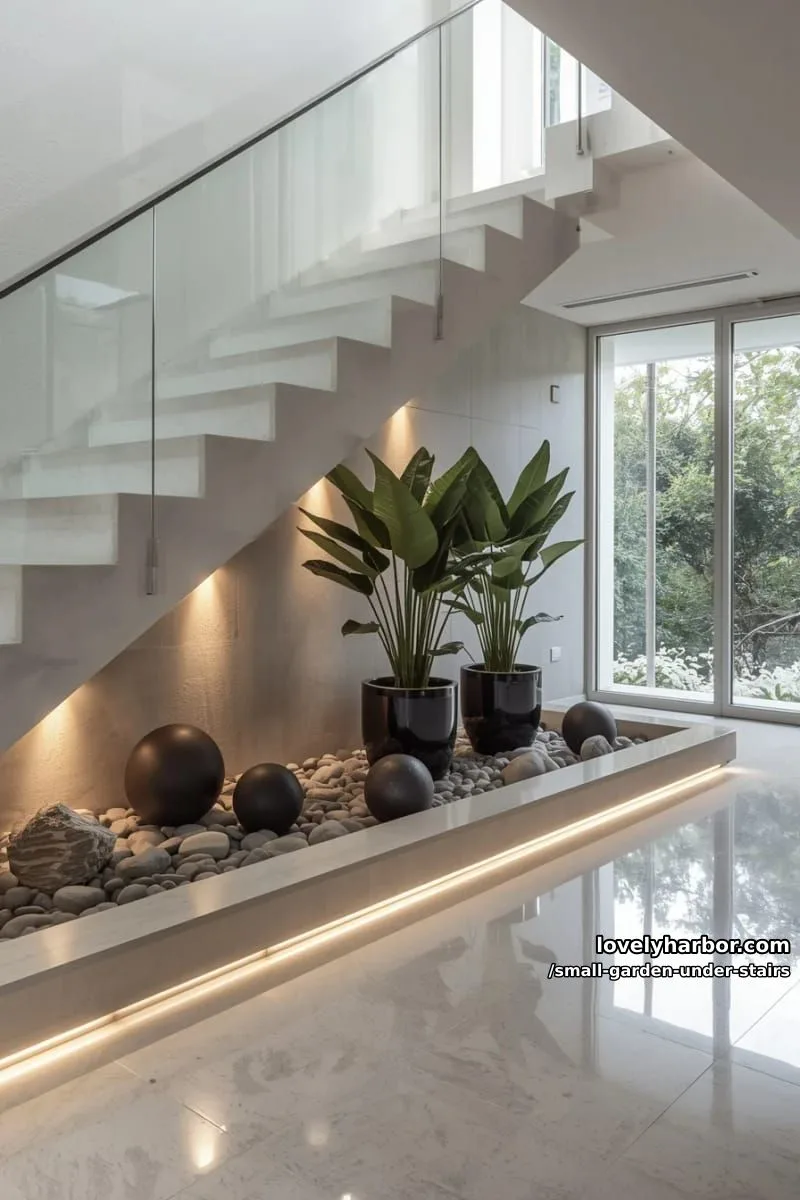 minimalist staircase with garden bed, black planters, and decorative spheres. 1
