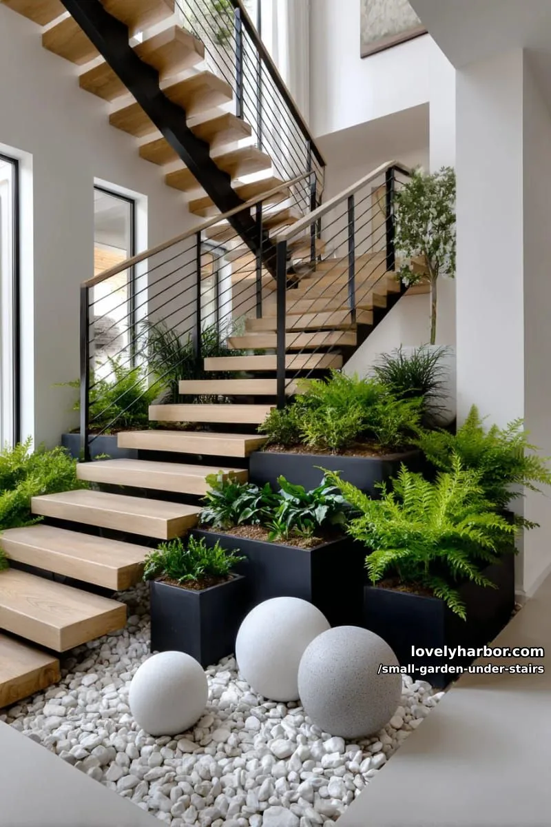 minimalist staircase with garden bed, black planters, and decorative spheres. 1