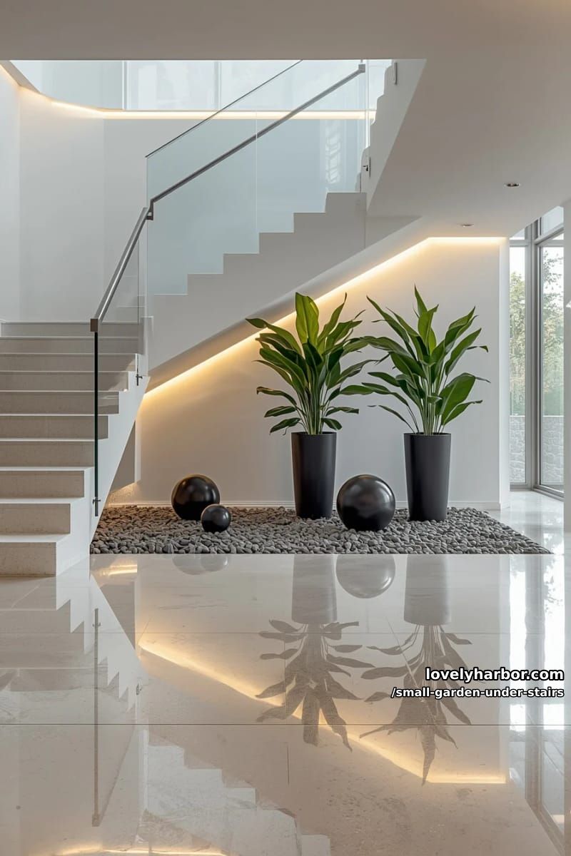 minimalist staircase with white steps, black planters, and geometric sculptures. 1