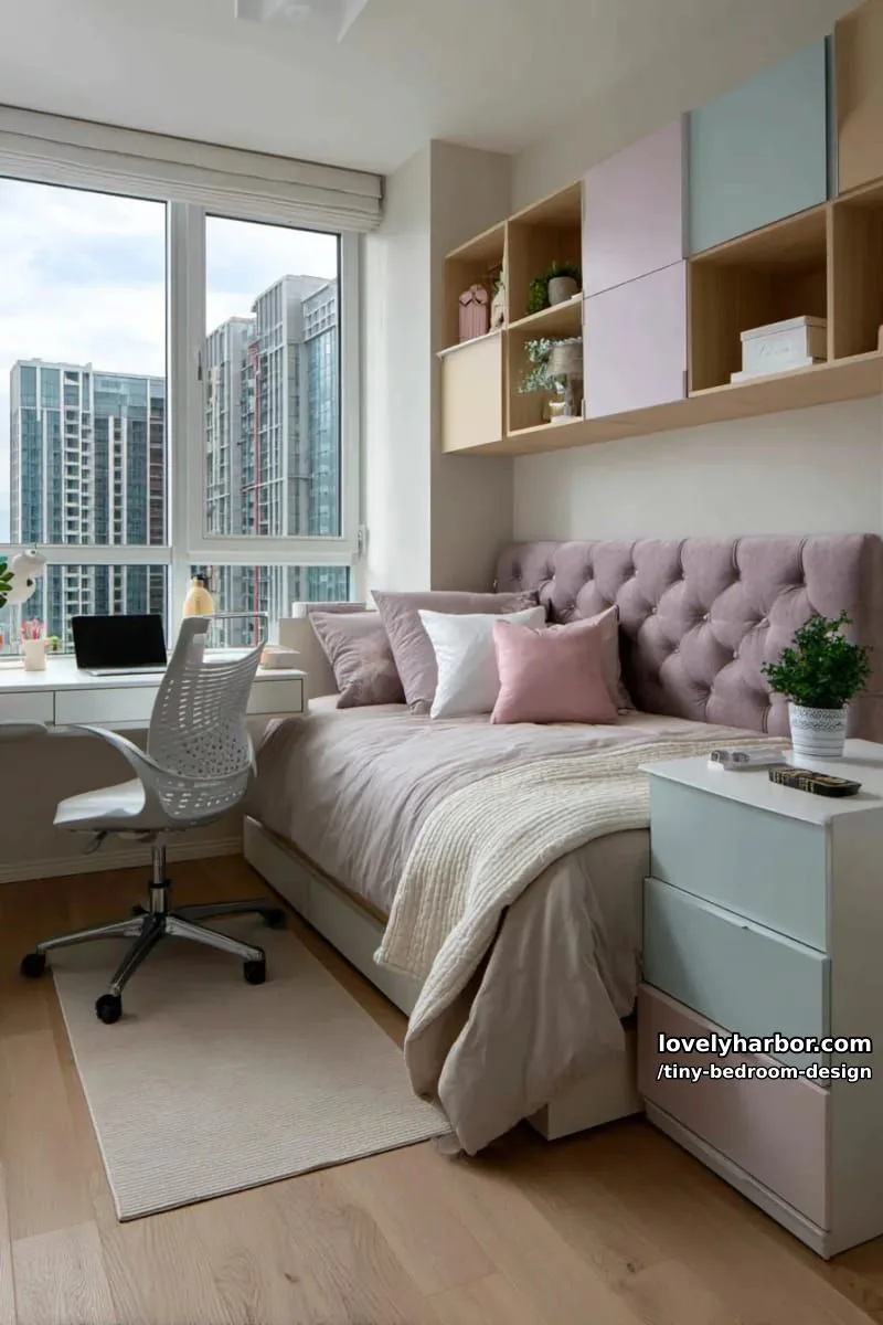 minimalist teen bedroom with mauve headboard, study desk, and pastel storage. 1