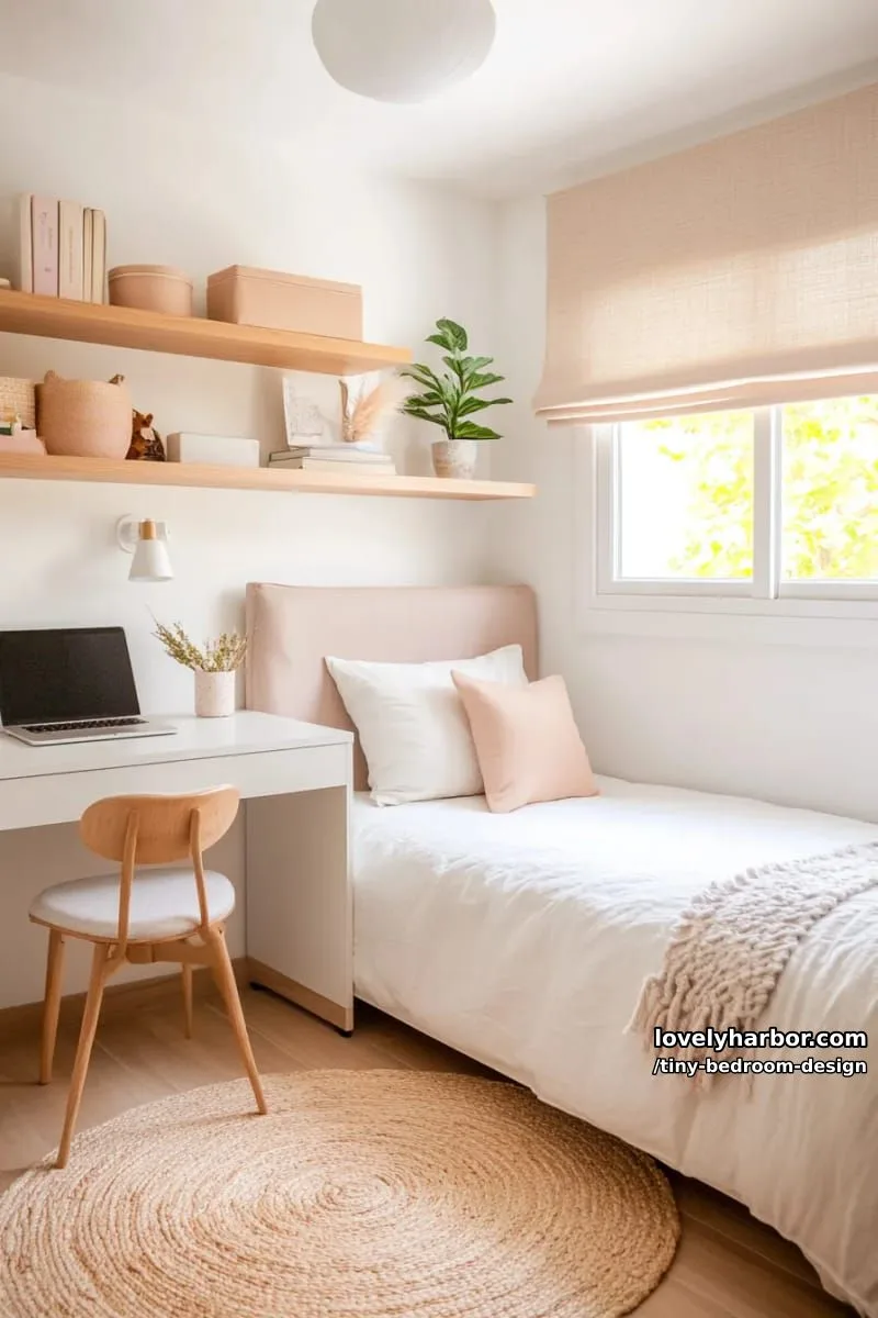 minimalist teen bedroom with mauve headboard, study desk, and pastel storage. 1