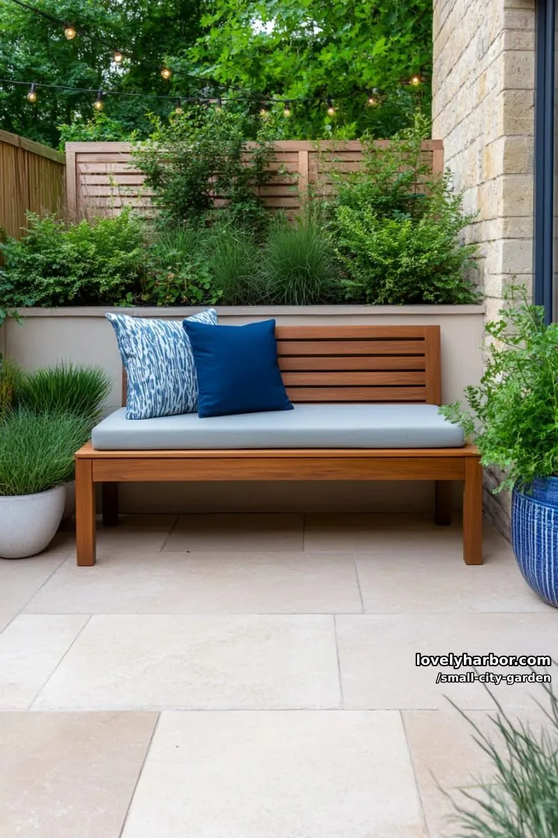 20 Small City Garden To Transform Your Space 18 minimalist urban garden with wooden bench, blue cushion, and lush shrubs. 1