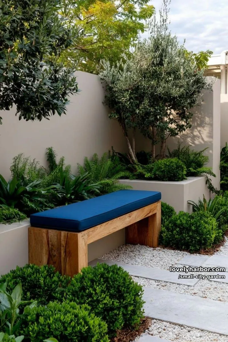 20 Small City Garden To Transform Your Space 19 minimalist urban garden with wooden bench, blue cushion, and lush shrubs. 1